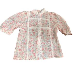 YOU BABES Floral Puff Sleeve Lace Trim Stand Collar Button Up Blouse